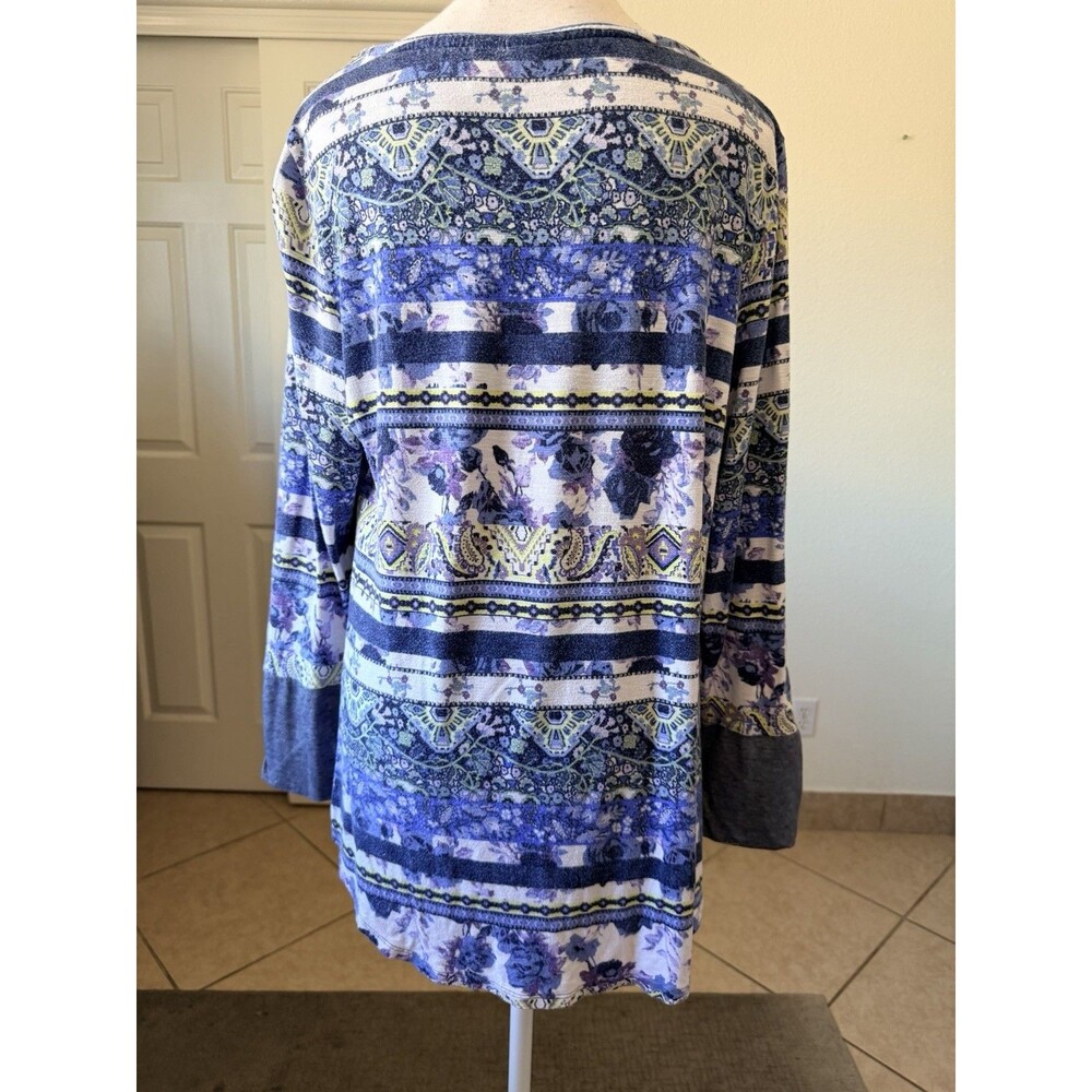 Zenergy by Chico's Large 2 Blue Purple Boho Print Tunic Top Long Sleeve - Picture 3 of 15